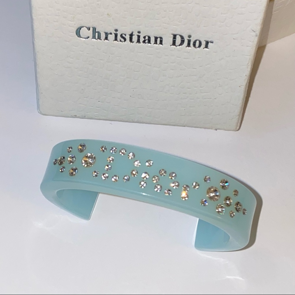RARE Dior Tiffany Blue & Austrian Crystals Logo Cuff Bracelet with Box - Picture 2 of 3